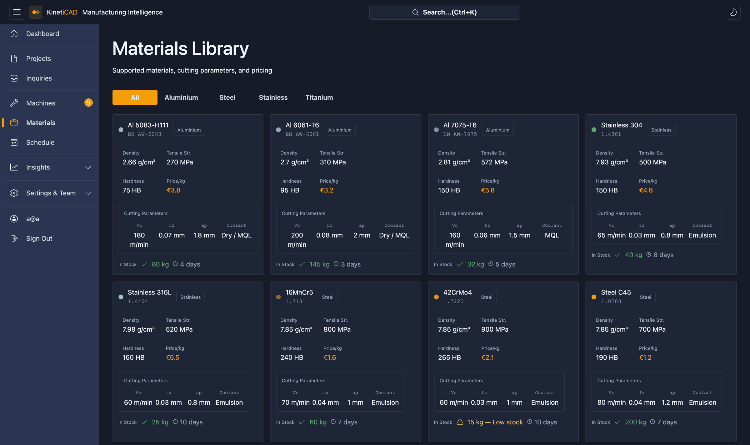 KinetiCAD material library with cutting parameters and stock