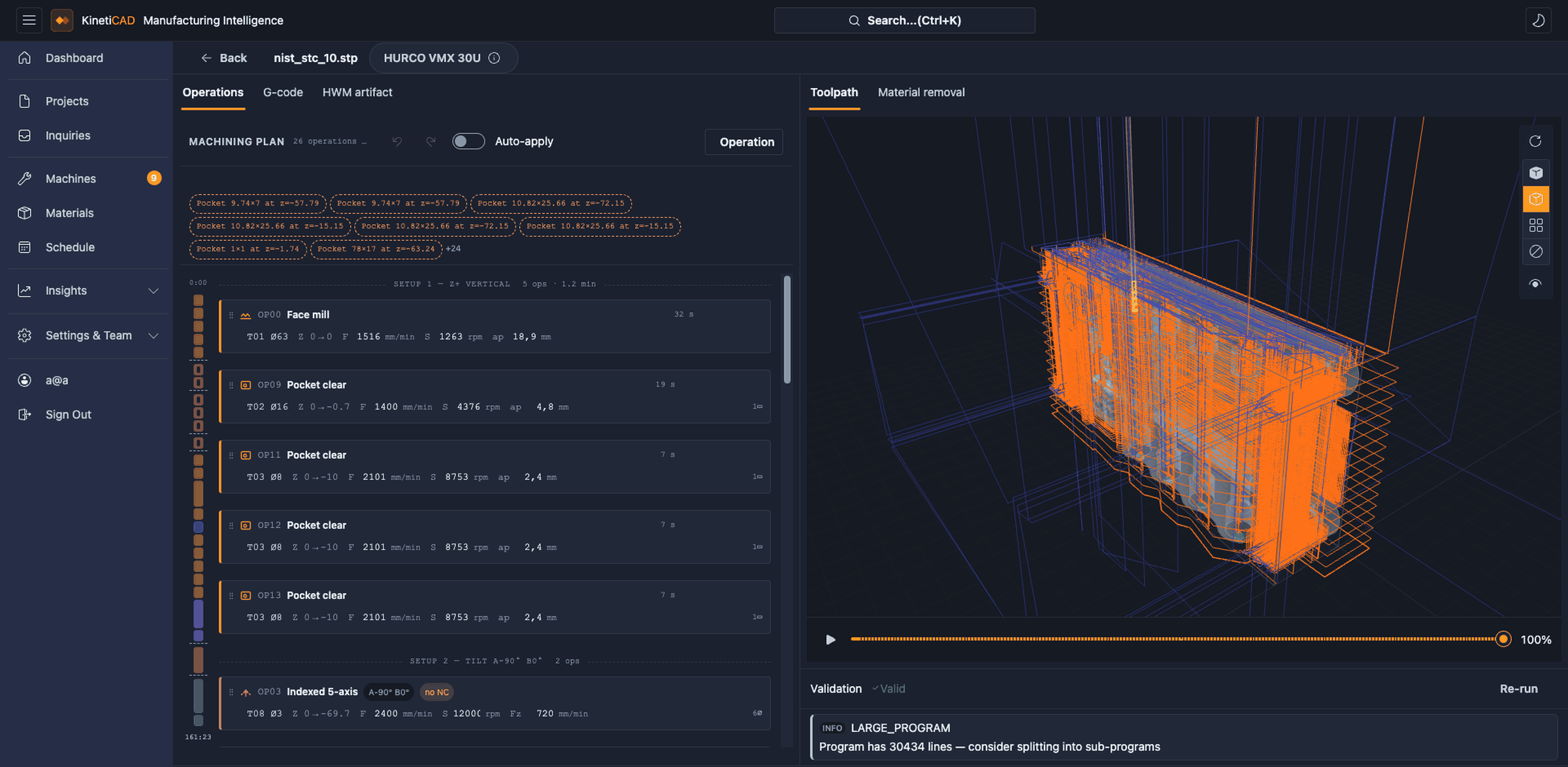 KinetiCAD 3D editor - operations, toolpath and validation for a part