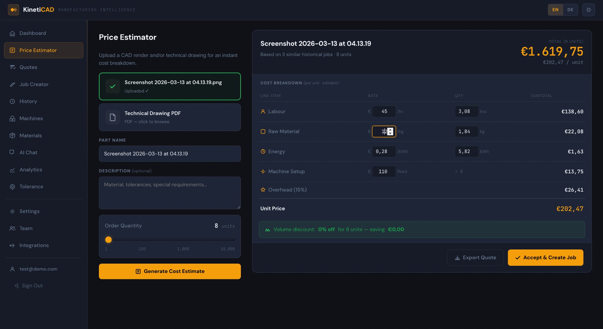 KinetiCAD Price Estimator - AI-generated cost breakdown from CAD