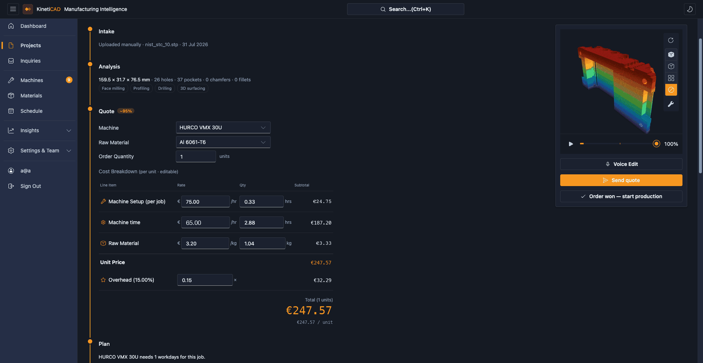 KinetiCAD project overview - intake, analysis, editable cost breakdown and quote